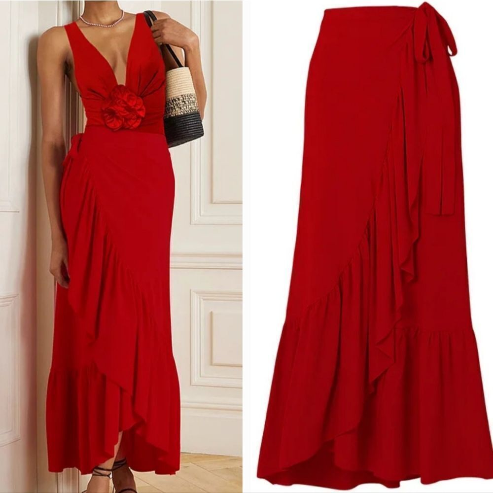 New! Red Ruffle Wrap Cover Up Skirt •